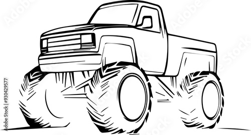 A monster truck with huge tires is driving on a dirt road