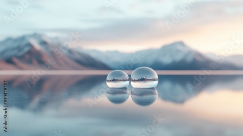 Two transparent spheres lie on a reflective surface, beautifully mirroring the surrounding mountain scenery and sky, encapsulating tranquility and clarity. photo