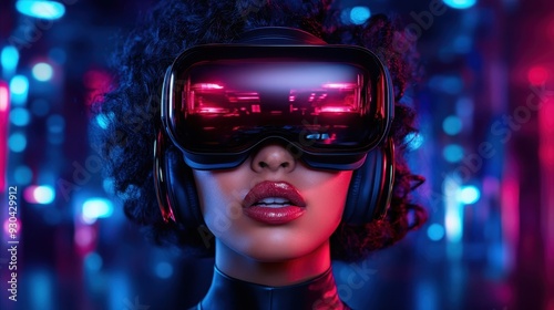 A person with curly hair wears large headphones in a vibrant, neon-lit environment, encapsulating a modern, futuristic vibe filled with music and technological essence.