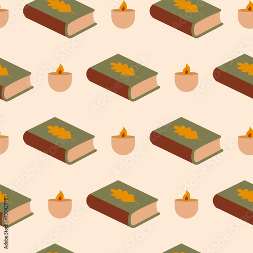 Cozy Autumn Reading Seamless Pattern with Books and Candles for Print Design Hand drawn Flat Vector.