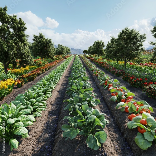 Vibrant vegetable garden with rows of fresh greens, colorful flowers, and trees under a bright sky, showcasing nature's bounty. photo