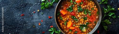 Hearty Lentil Soup with Fresh Herbs in Bowl on Concrete Background