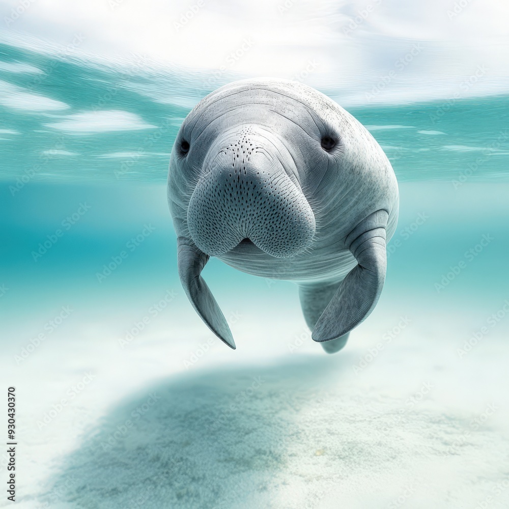 Naklejka premium A serene underwater scene featuring a curious manatee gracefully swimming in crystal-clear waters.