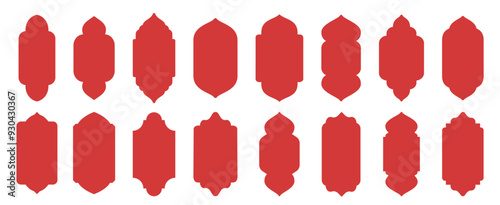Arabic window shapes. Vintage Islamic architectural arch labels, oriental ornate shape border and traditional east window frame silhouettes flat vector set.