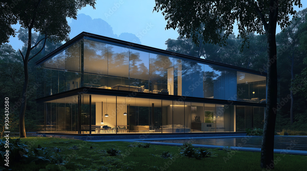 A futuristic luxury villa with glass walls in the forest