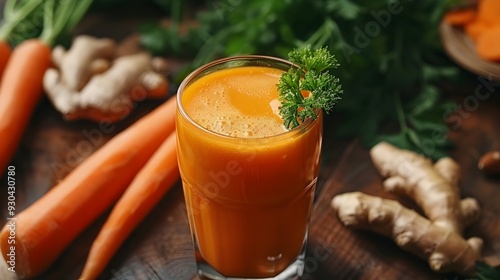 Freshly Made Carrot and Ginger Juice in Glass on Rustic Wooden Table with Copy Space