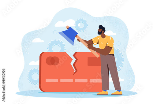 Man with debt. Young guy cuts large red bank card with ax. Businessman with financial problems and difficulties. Unhappy entrepreneur. Flat vector illustration isolated on white background