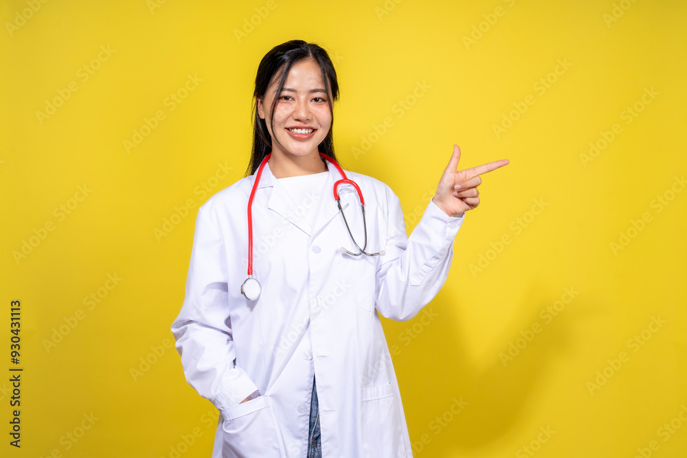 A woman in a white lab coat is pointing to the right A woman in a white lab coat is pointing to the right