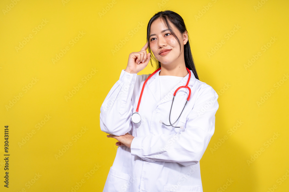 A woman in a white lab coat is standing in front of a yellow background A woman in a white lab coat is standing in front of a yellow background