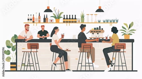 flat illustration design of people in a coffee shop bar
