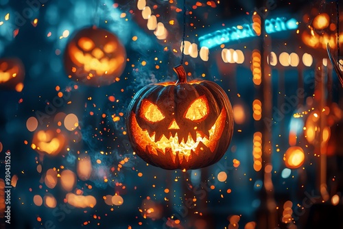 A glowing jack-o'-lantern hangs amid enchanting lights, evoking the spirit of Halloween with a mysterious and festive atmosphere.