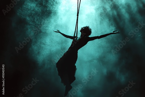 A graceful silhouette of a dancer suspended in ethereal light, symbolizing freedom and expression in a misty atmosphere.