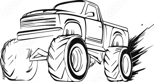 A cartoon truck with big tires is driving through mud