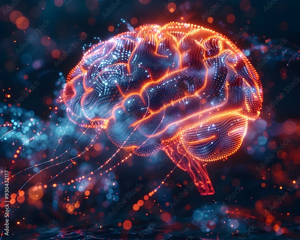 Glowing Digital Brain Interconnected Wires LEDs Representing Neural Connectivity Glowing Digital Brain Interconnected Wires LEDs Representing Neural Connectivity
