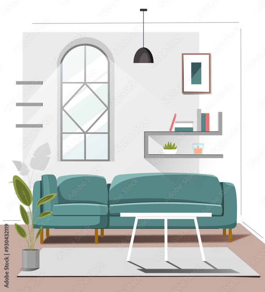 Fototapeta premium Furniture living room. Green sofa, white coffee table and shelves on wall. Minimalistic interior in apartment. Stylish and fashionable furniture at home. Flat vector illustration