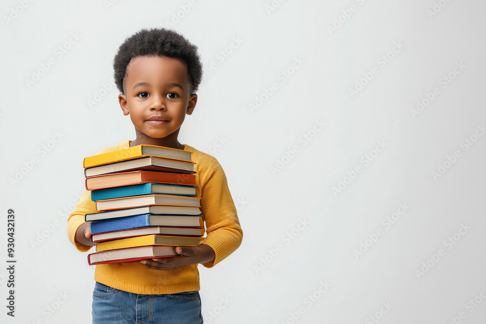 Photo of little afro-american boy holding stack of heavy books on white background with copy space on right Photo of little afro-american boy holding stack of heavy books on white background with copy space on right