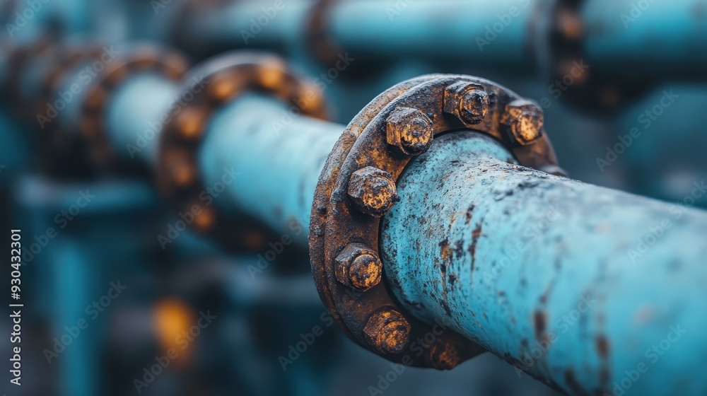A series of aligned blue pipes with bolted connections is shown, all of which exhibit significant rust, symbolizing industrial wear, mechanical work, and aging processes. A series of aligned blue pipes with bolted connections is shown, all of which exhibit significant rust, symbolizing industrial wear, mechanical work, and aging processes.