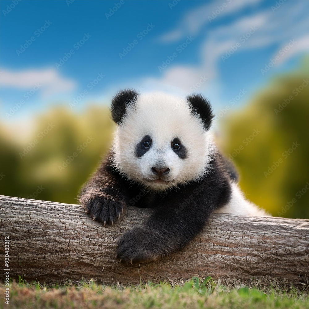 Obraz premium Bébé panda assis sur un morceau de bois