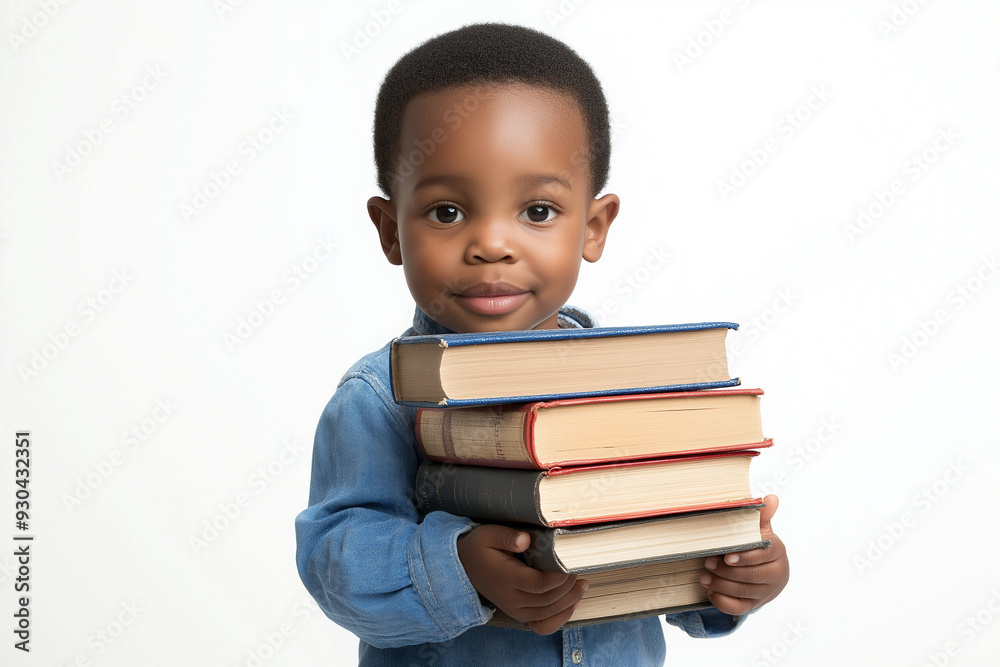 Photo of little afro-american boy holding stack of heavy books on white background Photo of little afro-american boy holding stack of heavy books on white background