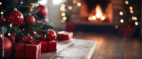 A Christmas tree adorned with red ornaments and gifts sits on a wooden table, with a blurred fireplace in the background and a room beautifully decorated for the holiday season.