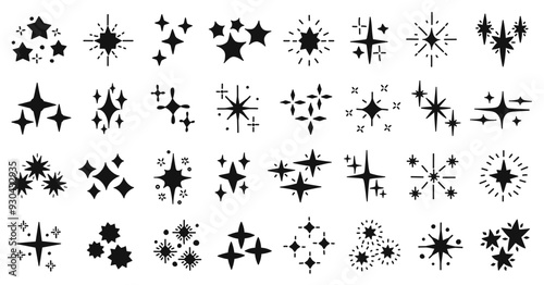 Doodle star glitter sparkles silhouettes. Black starburst, radiant shape and twinkle icons. Magical glitter, shiny spark or bright twinkling star vector set.