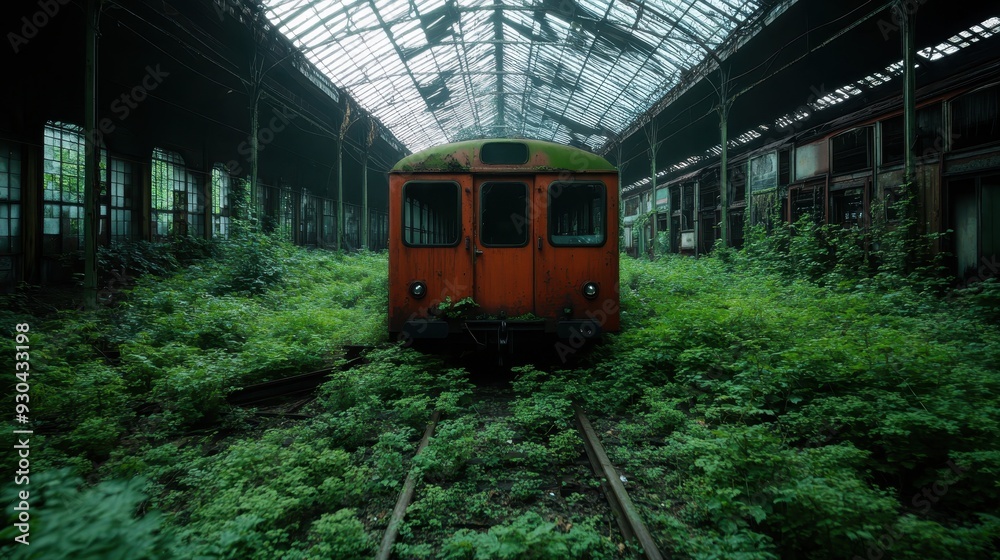 Naklejka premium A rusty orange train in an overgrown, dilapidated station, commandeered by nature, highlighting the beauty in abandonment and the balance between urban dereliction and greenery.