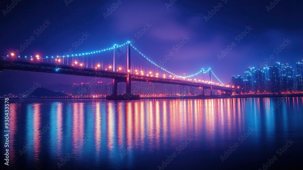 Obraz premium Night cityscape with illuminated bridge and reflections in water.