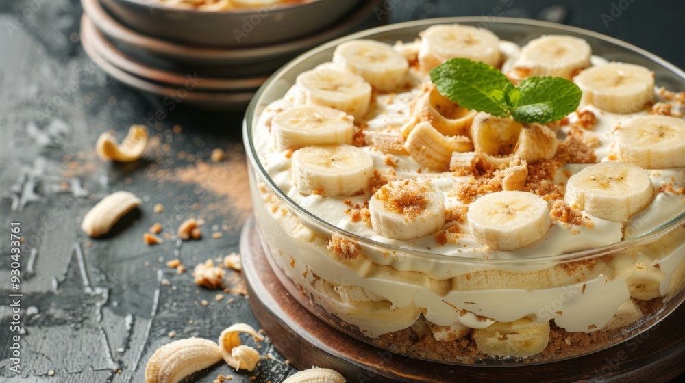 Banana Pudding Cheesecake Delight with copy space Banana Pudding Cheesecake Delight with copy space