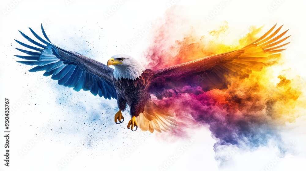 Fototapeta premium Majestic Bald Eagle in Flight with Vibrant Colorful Smoke Background