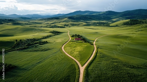 A scenic view featuring a forked dirt road leading to a single house surrounded by vast, lush green fields and rolling hills under an expansive sky, symbolizing choice and tranquility.
