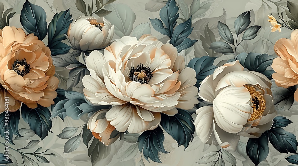 custom made wallpaper toronto digitalBohemian seamless wallpaper featuring a bouquet of peonies, roses, and dahlias, hand-drawn in vintage style, soft, muted colors, intricate details, natural light effect, romantic and delicate,