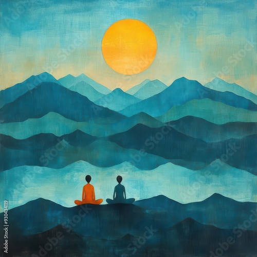 Calm horizon over mountains, two figures meditating, affectionate energy, quiet mindfulness photo