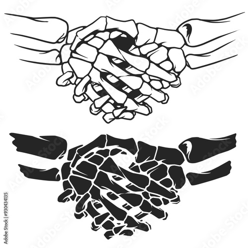 Handshake skeleton black and white illustration vector isolated