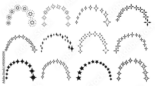 Starry arch. Magic starburst rainbow, minimalist doodle twinkling constellations curve and decorative sparkling star arches hand drawn vector set.