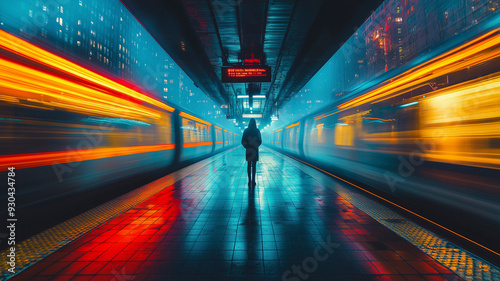 A lone figure standing still in the center of a bustling subway platform, with trains speeding by on either side. 
