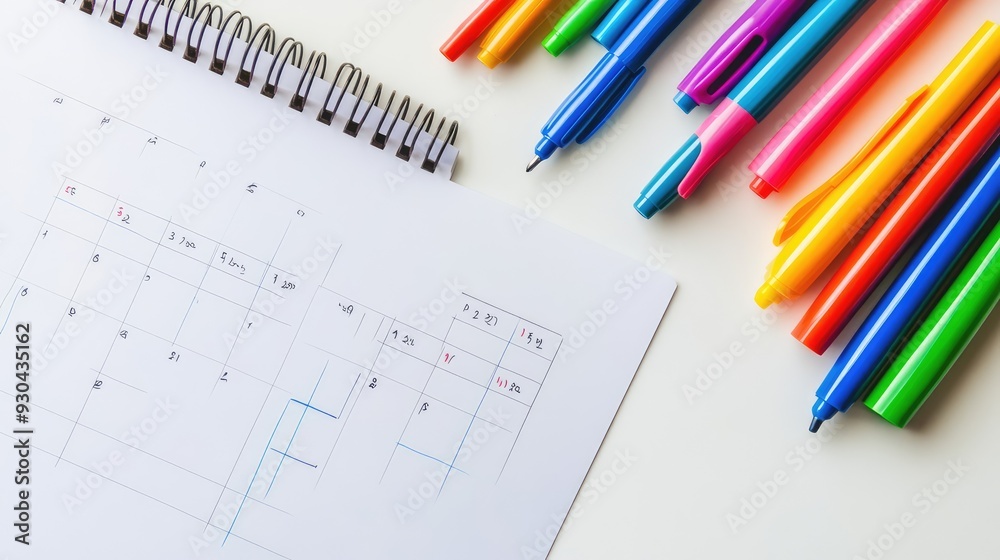 A white desktop with a blank calendar and a collection of colorful markers, symbolizing the planning and development of brilliant ideas. A white desktop with a blank calendar and a collection of colorful markers, symbolizing the planning and development of brilliant ideas.