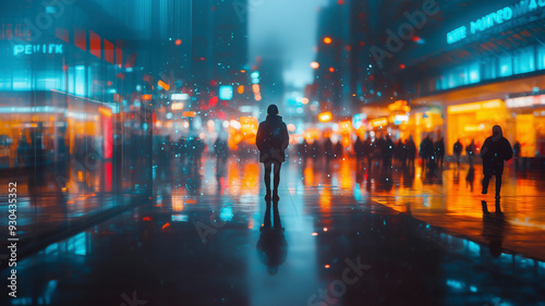 A person standing in the middle of a busy shopping mall, with blurred shoppers moving all around