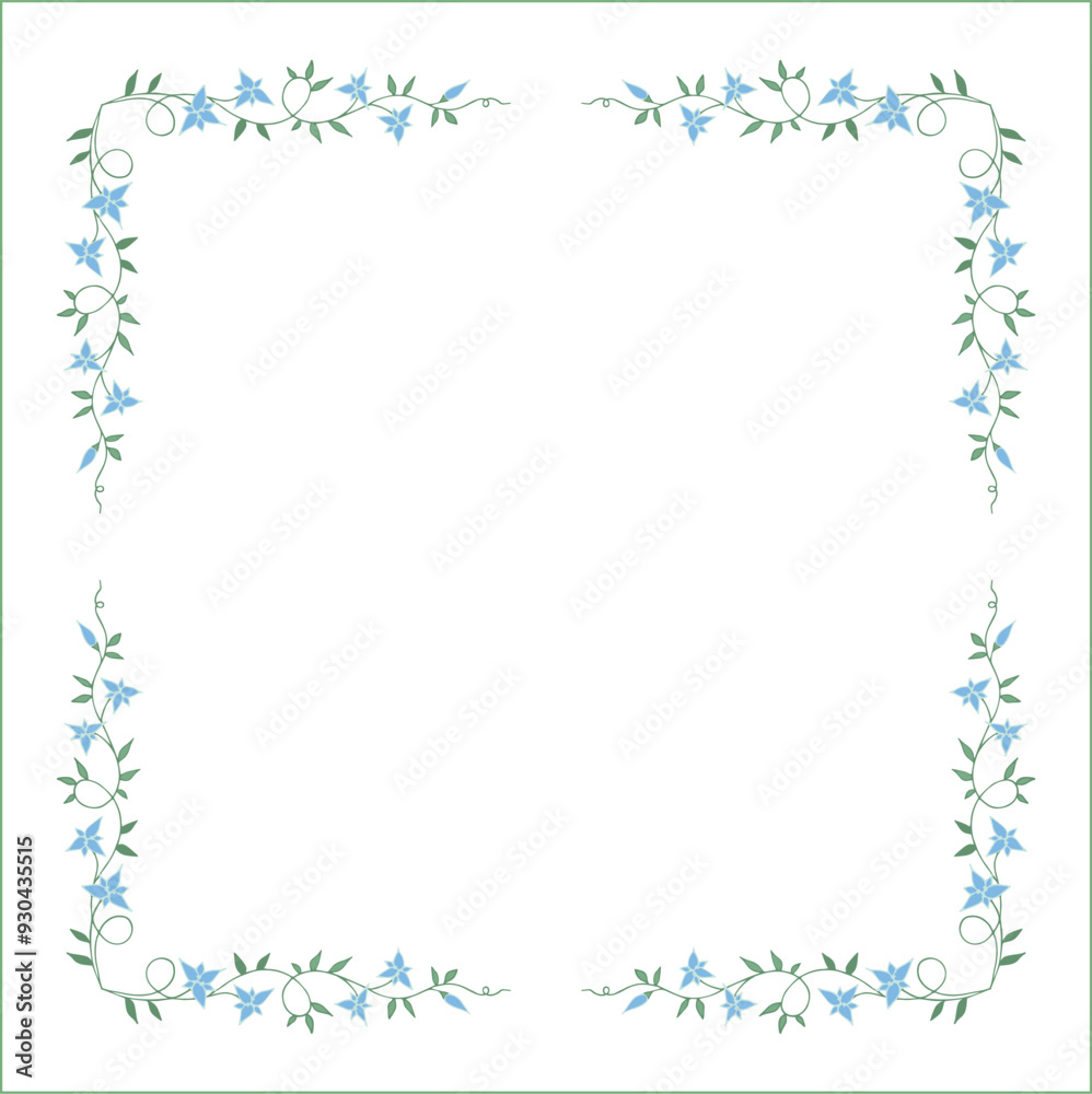 Green vegetal floral frame with leaves and blue flowers, decorative corners for greeting cards, banners, business cards, invitations, menus. Isolated vector illustration.
Green vegetal floral frame with leaves and blue flowers, decorative corners for greeting cards, banners, business cards, invitations, menus. Isolated vector illustration.