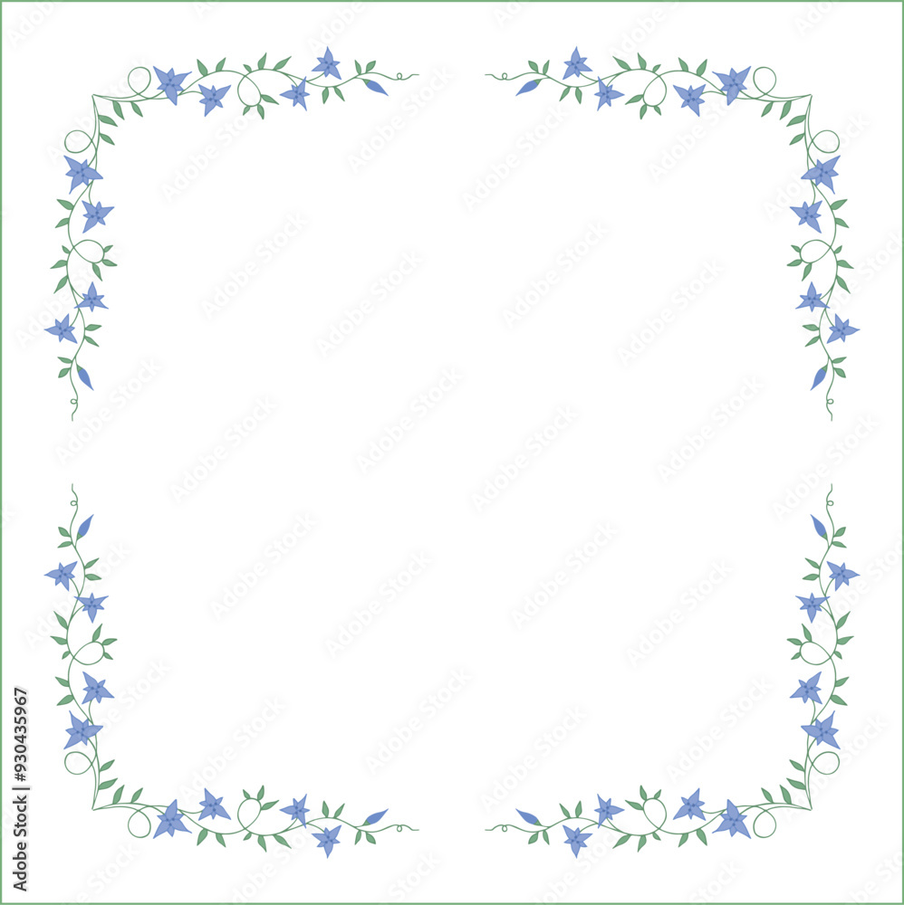 Green vegetal floral frame with leaves and blue flowers, decorative corners for greeting cards, banners, business cards, invitations, menus. Isolated vector illustration.
Green vegetal floral frame with leaves and blue flowers, decorative corners for greeting cards, banners, business cards, invitations, menus. Isolated vector illustration.