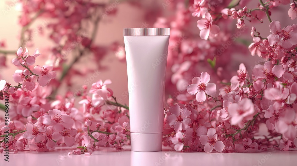 3D Rendering of White Cosmetic Tube Mockup with Flying Pink Flowers on Pastel Background - Beauty Product Packaging Concept 3D Rendering of White Cosmetic Tube Mockup with Flying Pink Flowers on Pastel Background - Beauty Product Packaging Concept