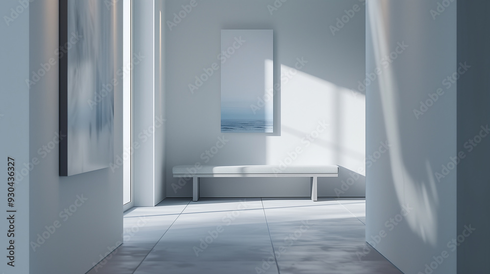 Minimalist Hallway with Abstract Art and Wooden Bench Minimalist Hallway with Abstract Art and Wooden Bench