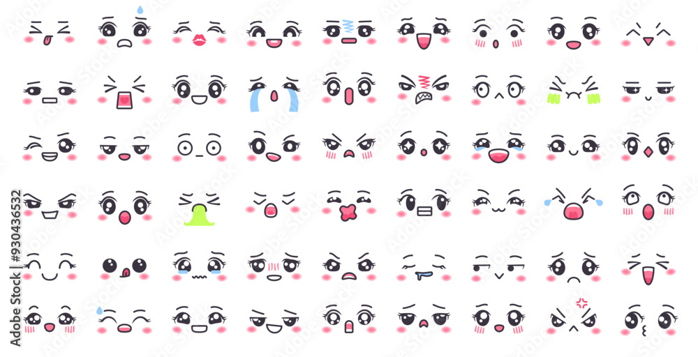 Fototapeta premium Cute chibi faces. Kawaii anime facial expressions, manga style face emotions and big eyed character eyes, mouth and eyebrows. Asian cartoon emotes vector set
