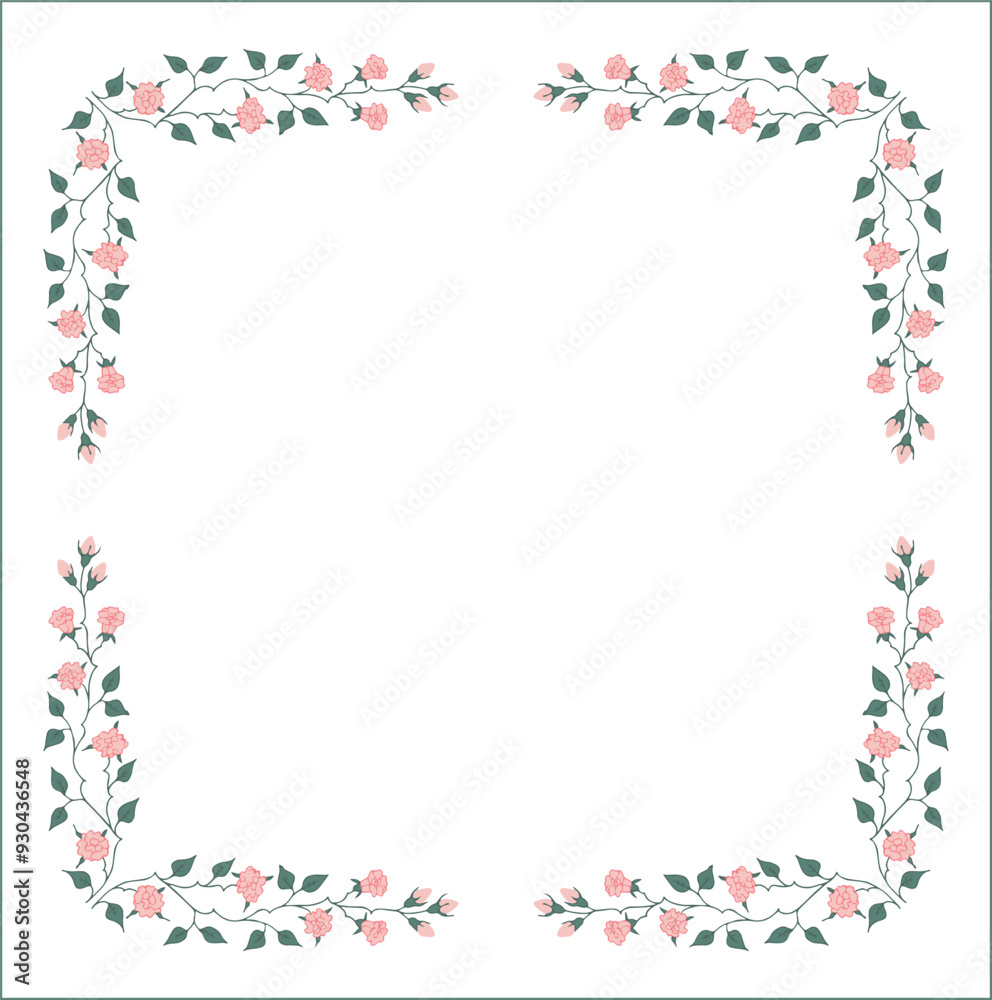 Green vegetal frame with pink rose flowers, decorative corners for greeting cards, banners, business cards, invitations, menus. Isolated vector illustration.
Green vegetal frame with pink rose flowers, decorative corners for greeting cards, banners, business cards, invitations, menus. Isolated vector illustration.