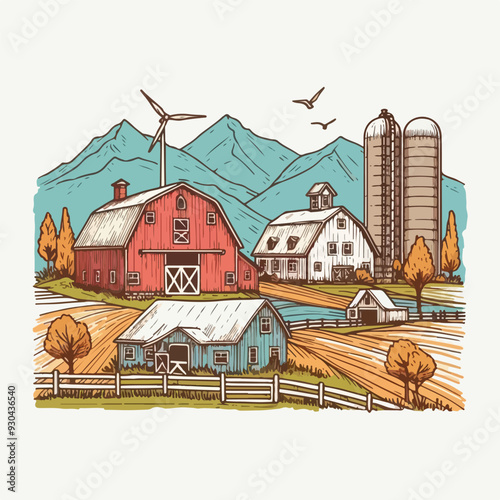 Vintage Farm Landscape with Rustic Barns and Silos