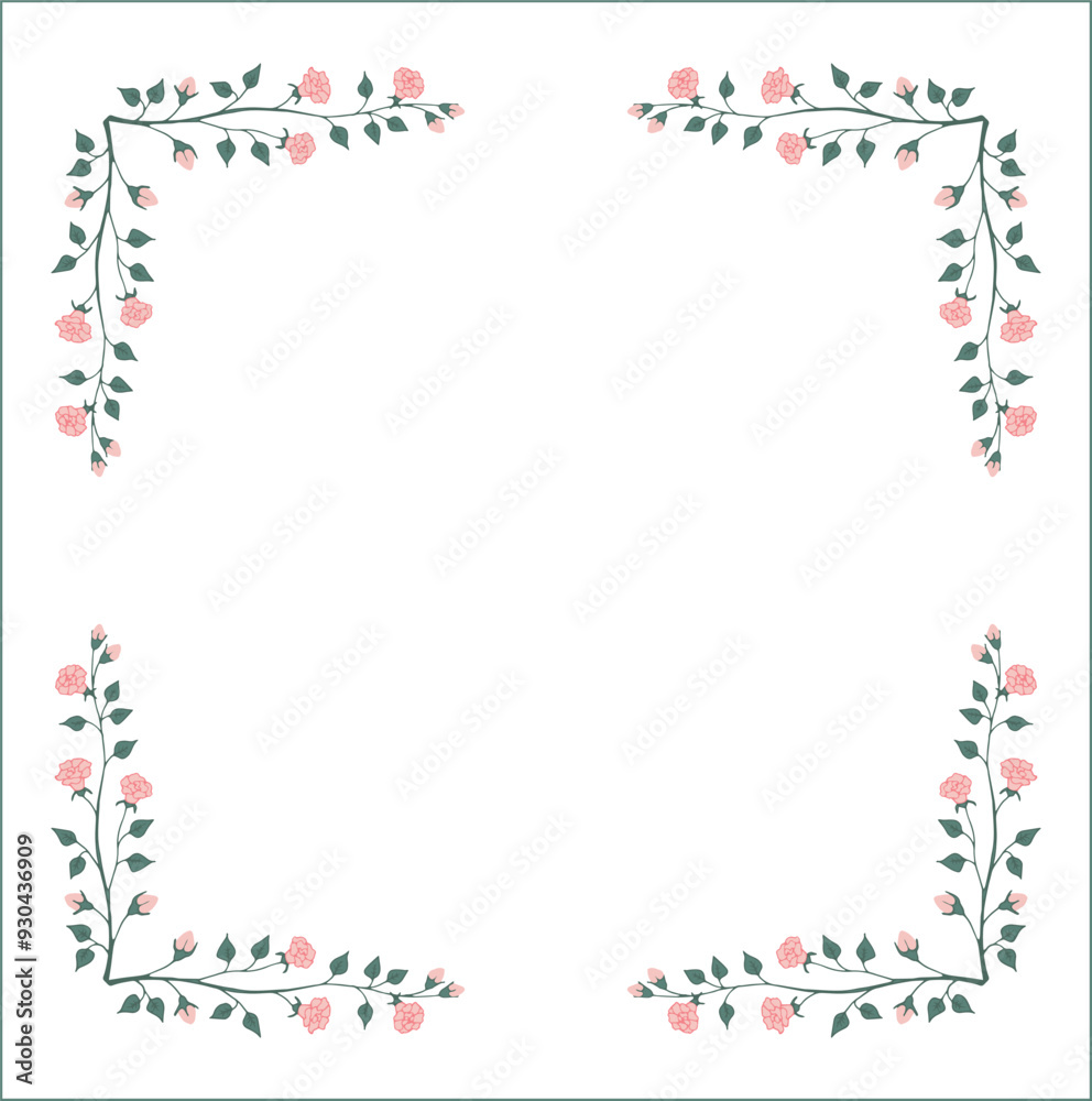 Green vegetal frame with pink rose flowers, decorative corners for greeting cards, banners, business cards, invitations, menus. Isolated vector illustration.
Green vegetal frame with pink rose flowers, decorative corners for greeting cards, banners, business cards, invitations, menus. Isolated vector illustration.