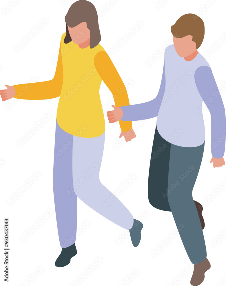 Young couple is running, holding hands, in this isometric illustration Young couple is running, holding hands, in this isometric illustration