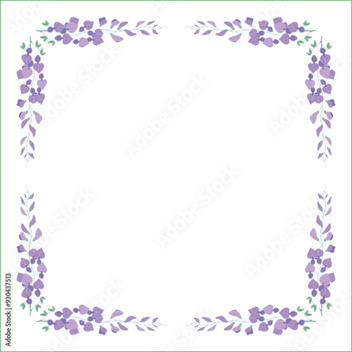 Green vegetal floral frame with leaves and purple glycine flowers, decorative corners for greeting cards, banners, business cards, invitations, menus. Isolated vector illustration.	
