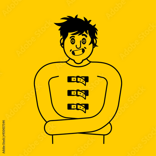 Madman in straitjacket icon sign. Psychopath in white coat symbol. Patient in mental hospital.