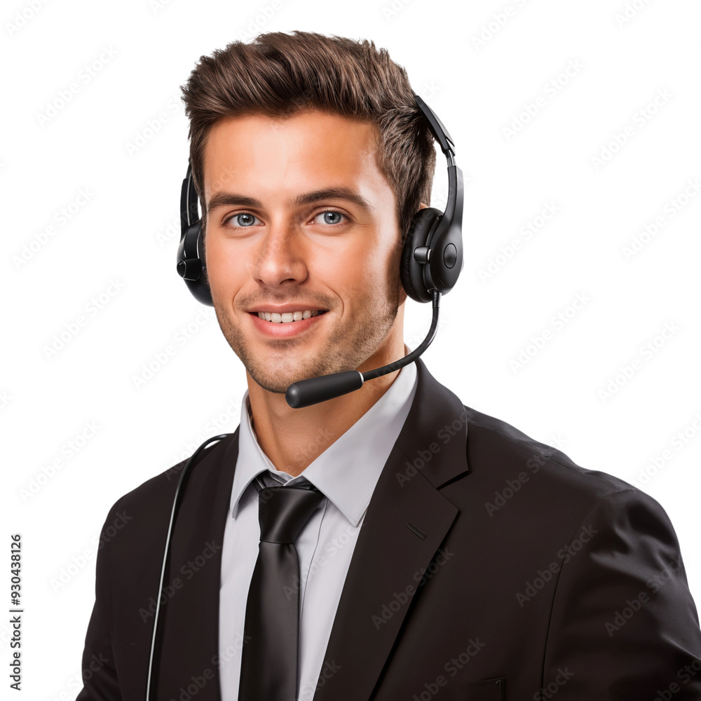Portrait of a smiling male call center operator worker with a headset, isolated on transparent background Portrait of a smiling male call center operator worker with a headset, isolated on transparent background