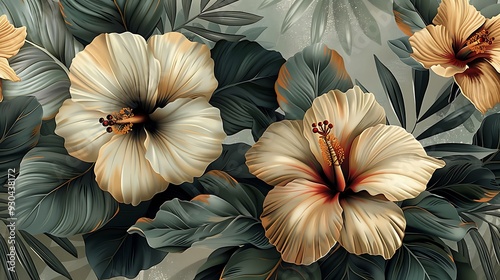 Wallpaper Mural Bohemian seamless wallpaper showcasing vintage botanical illustrations of tropical flowers like hibiscus, bird of paradise, and orchids, set against a muted pastel background, Torontodigital.ca